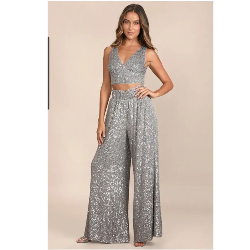 Lulus Sequin Two Piece Set Women XS Silver Crop Top Wide Leg Pants Party sparkle